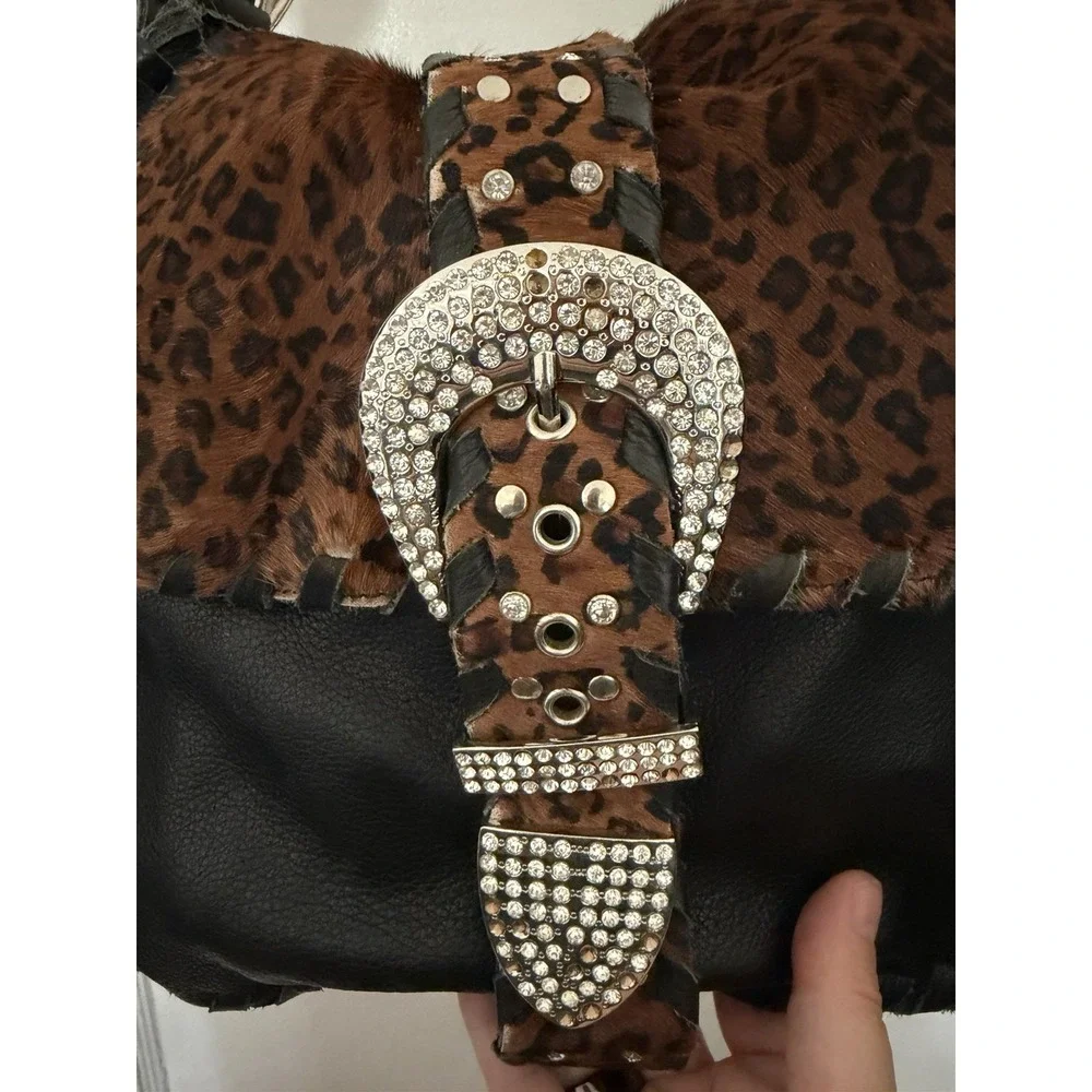 Charm And Luck Bag Y2K Leather Ponyhair Rhinestones Buckles Stud‎ Gold VTG